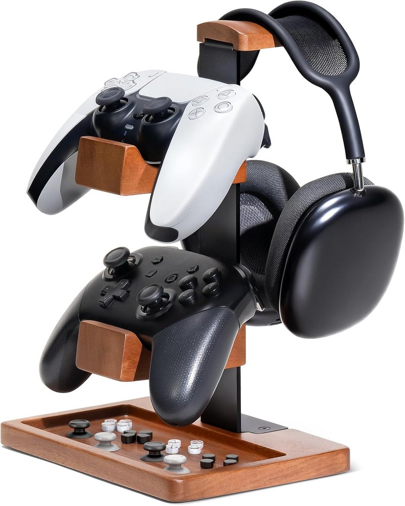 HUMANCOZY Solid Wood Controller Holder and Headphone Stand, Gaming Controller Stand for Desk, Dual Controller Organizer Rack, Fits Xbox, PS4, PS5, Gamepad, Headset Holder for Son, Husband, Boyfriend - Image 1